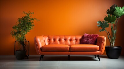 Orange tufted leather sofa against smooth wall with copy space. Minimalist home interior design of modern living room.