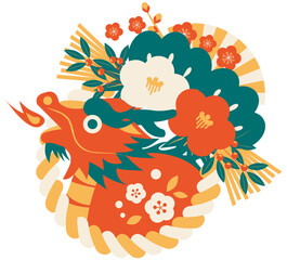 年賀状、2024年、辰年、和風、イラスト、アイコン、正月、イラスト、かわいい、しめ飾り、しめ縄、朱色、レトロカラー