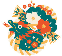 年賀状、2024年、辰年、和風、イラスト、アイコン、正月、イラスト、かわいい、しめ飾り、しめ縄、青、レトロカラー