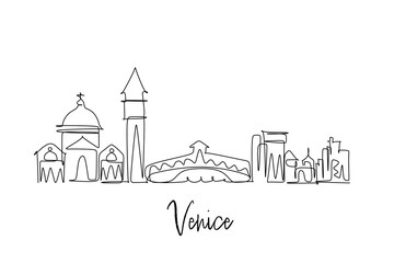 Fototapeta premium Venice cityscape skyline continuous line hand drawn style vector illustration doodle sketch.