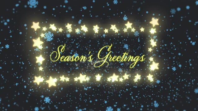 Animation of christmas season's greetings text with star fairy lights and snow on black background