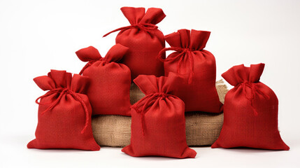 Set of Christmas red burlap sacks on white background