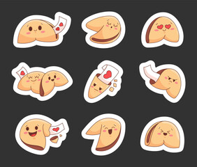 Cute fortune cookies characters. Sticker Bookmark. Closed Chinese shortbread with blank paper for message, wishing, surprise. Vector drawing. Collection of design elements.