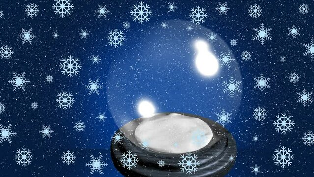 Animation of christmas snow globe over snow falling in winter scenery