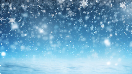 Christmas background snow blue background. Christmas snowy winter design. White falling snowflakes,