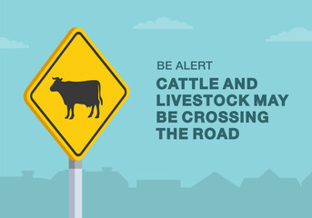Safe driving tips and traffic regulation rules. Cattle and livestock may be crossing the road sign. Close-up view. Flat vector illustration template.