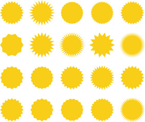 Starburst red sticker set - collection of special offer sale oval and round shaped sunburst labels and badges. Promo stickers with star edges. Vector.
