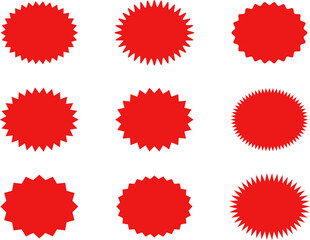 Starburst red sticker set - collection of special offer sale oval and round shaped sunburst labels and badges. Promo stickers with star edges. Vector.