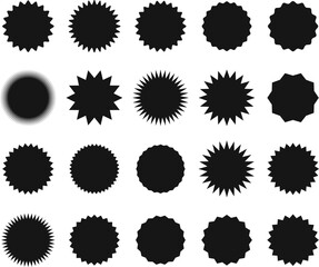 Starburst red sticker set - collection of special offer sale oval and round shaped sunburst labels and badges. Promo stickers with star edges. Vector.