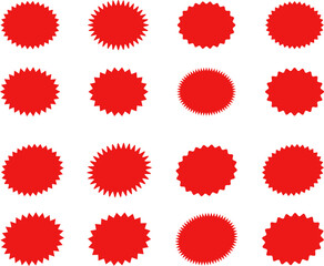 Starburst red sticker set - collection of special offer sale oval and round shaped sunburst labels and badges. Promo stickers with star edges. Vector.