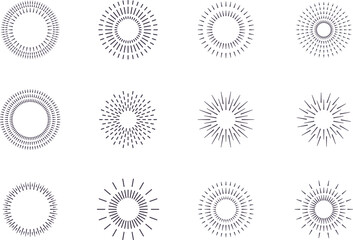 Vintage sunburst collection. Big set sunburst best quality. Radial sunset beams. Fireworks. Vector illustration.