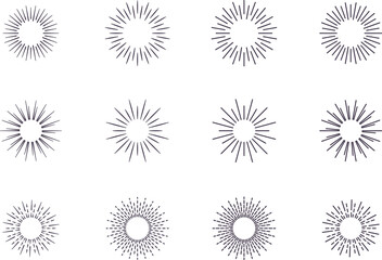 Vintage sunburst collection. Big set sunburst best quality. Radial sunset beams. Fireworks. Vector illustration.