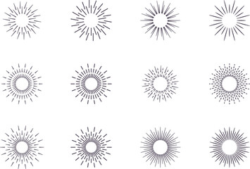 Vintage sunburst collection. Big set sunburst best quality. Radial sunset beams. Fireworks. Vector illustration.