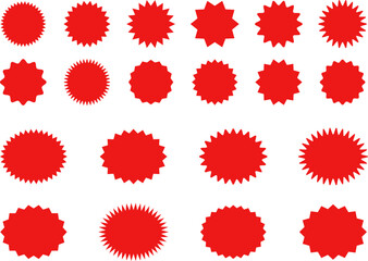 Starburst red sticker set - collection of special offer sale oval and round shaped sunburst labels and badges. Promo stickers with star edges. Vector.
