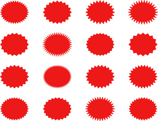 Starburst red sticker set - collection of special offer sale oval and round shaped sunburst labels and badges. Promo stickers with star edges. Vector.