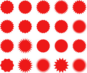 Starburst red sticker set - collection of special offer sale oval and round shaped sunburst labels and badges. Promo stickers with star edges. Vector.