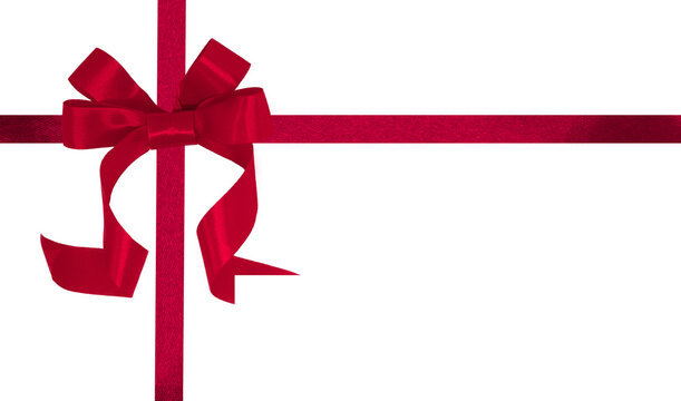 red ribbon with red bow on top left corner, transparent and white background, PNG image.