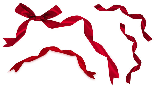 set of red ribbons with red bow on top left corner, transparent and white background, PNG image.