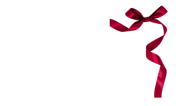 red ribbon with red bow on top right corner, transparent and white background, PNG image.	