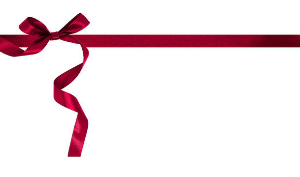 red color ribbon with red bow on top left corner, transparent background, PNG image.