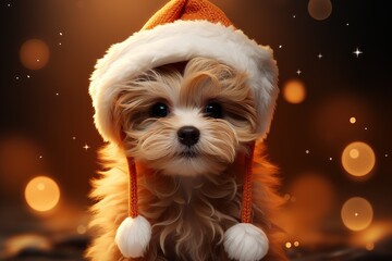 A little puppy, adorably dressed in a hat, appears like a toy amidst the soft glow of blurred holiday lights in the background, creating a charming and festive scene. Photorealistic illustration