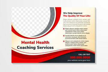 abstract flyer design template with example headline is mental health coaching services. Space of photo collage. Advertising banner with horizontal layout. brown background, red and black elements.
