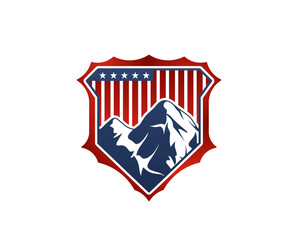 Stylish mountain logo with bright red, white, and blue American flags