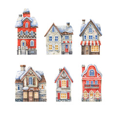 Collection of European, vintage houses covered with snow, drawn in watercolor isolated on a white background.