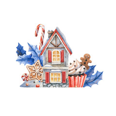 Snow-covered Christmas house surrounded by Christmas sweets, poinsettia leaves, fairytale watercolor illustration on a white background. Gingerbread cookies, cupcakes, candies, vintage houses