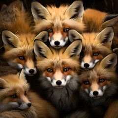 multiple Red Foxs packed together
