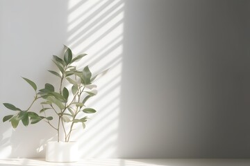 Green plants in a porcelain vase in bright room against white wall with window shadow. copy space. minimalist style home decoration.
