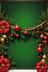 Fototapeta na wymiar A festive Christmas wreath is decorated with a variety of red, gold, and green ornaments. The wreath is made of pine branches and has a green background.