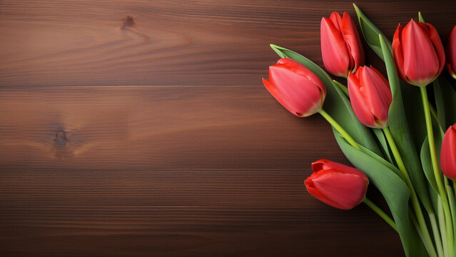 Tulip Flower Photograph on Wood Background with Copy Space