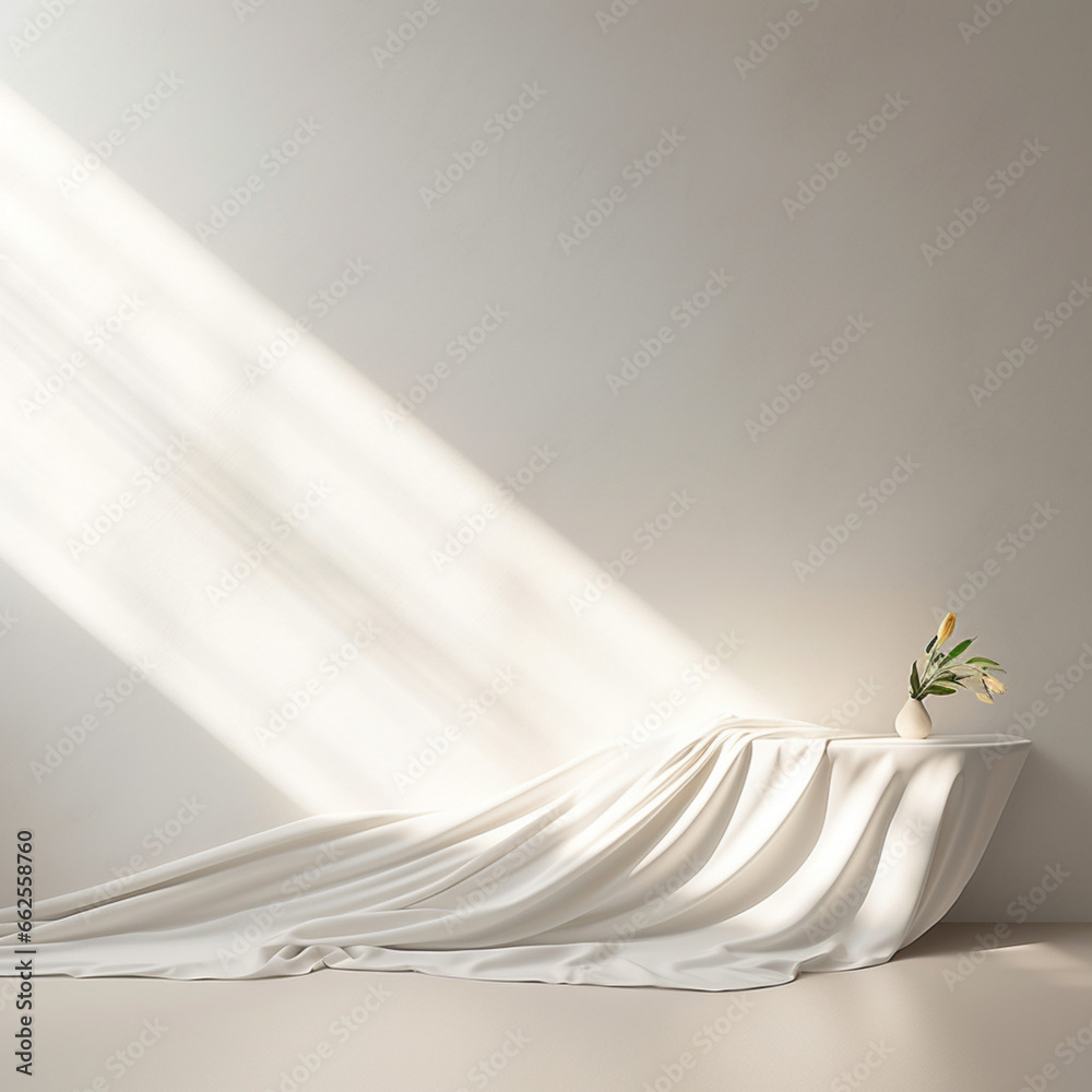 Poster empty curtains stage light on beige background texture. mock up product with generative ai.