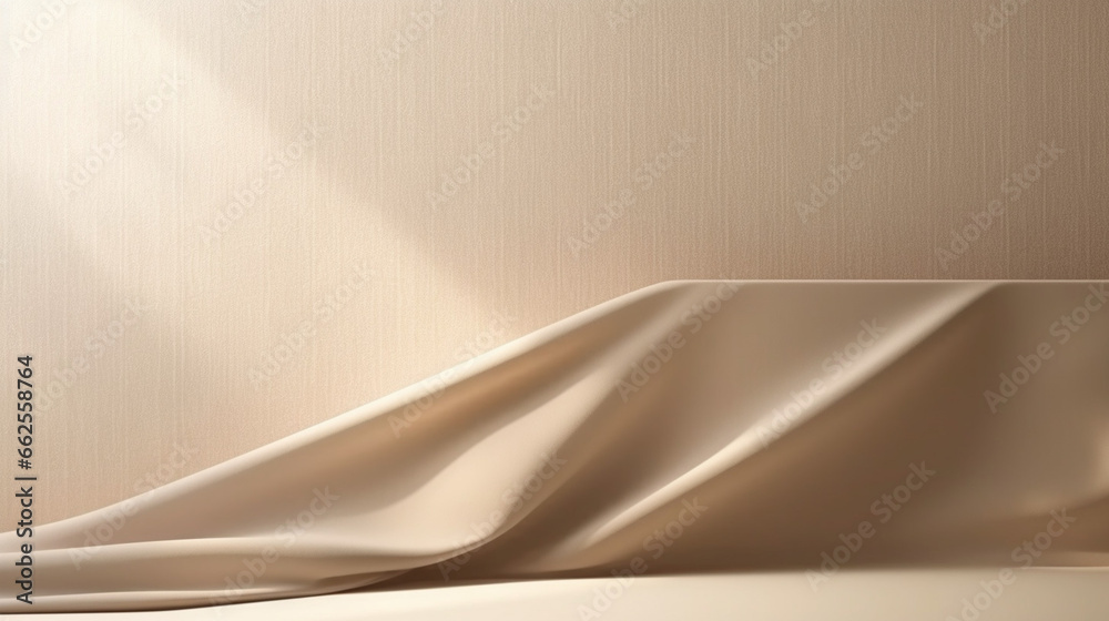 Poster empty curtains light on beige background. mock up product display podium with generative ai.