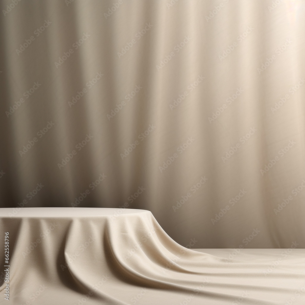 Poster empty curtains stage light on beige background texture. mock up product display podium with generati