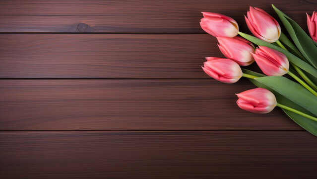 Tulip Flower Photograph on Wood Background with Copy Space