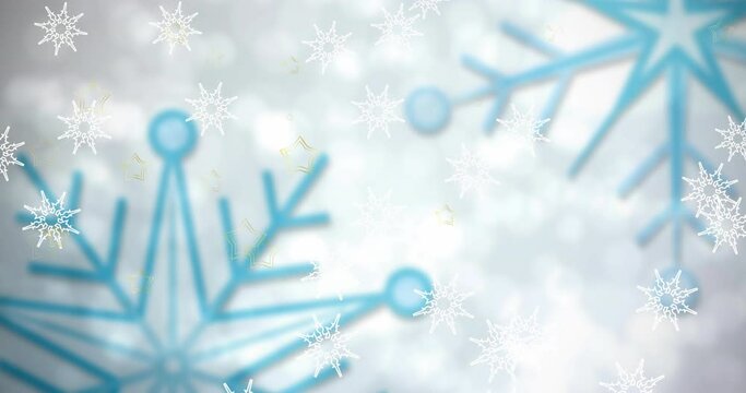 Animation of snowflakes falling over spots of light against grey background with copy space