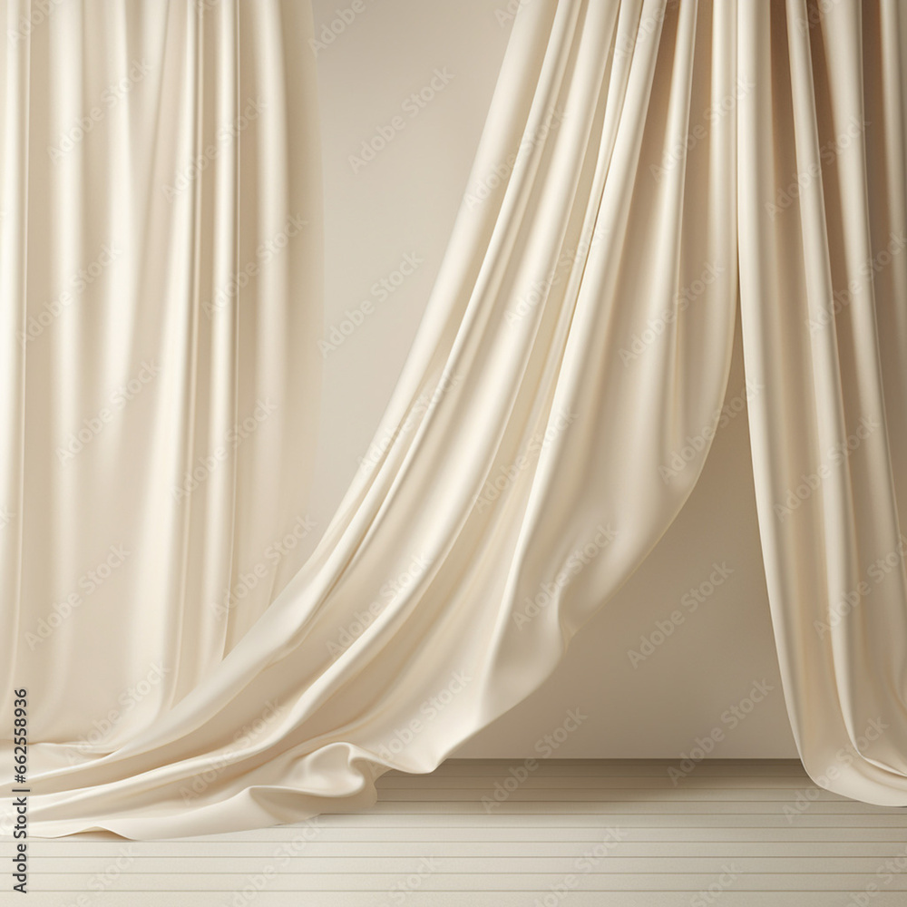 Poster empty curtains stage light on beige background texture. mock up product display with generative ai.
