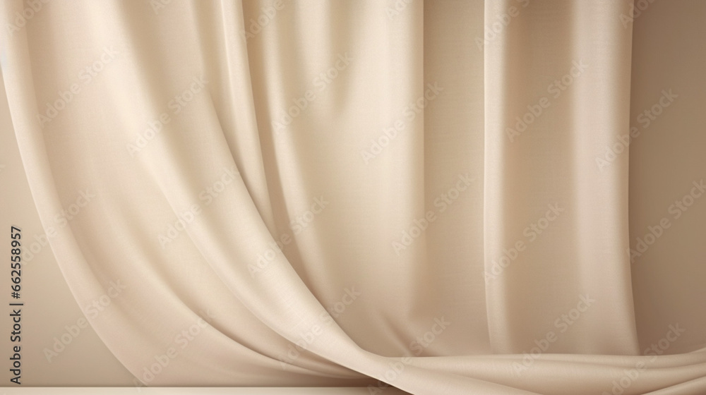 Poster empty curtains stage on beige background texture. mock up product display podium with generative ai.
