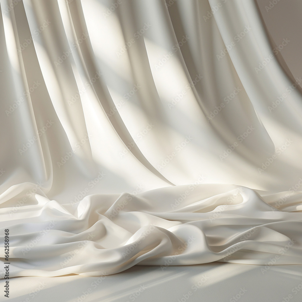 Poster empty curtains stage light on beige background texture. mock up product display podium with generati