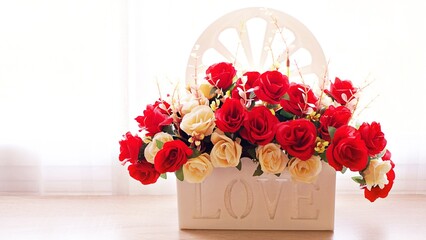 Colorful decoration artificial flower with vintage tone ,Bouquet rose flowers decorative ,Interiors romantic bunch ,Copy space ,Valentine's day