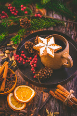 Christmas mulled red wine with spices and citrus fruits and gingerbread cookie
