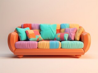 Colorful couch with colorful pillows on a light pink background generative ai