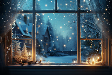 Christmas blurred bokeh backgrounds, snow falling, and reflective sparkles with copy space