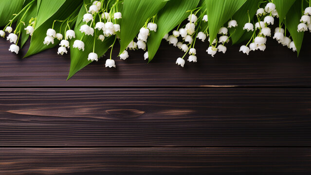  Lily of the Valley Flower on Wooden Background with Copy Space