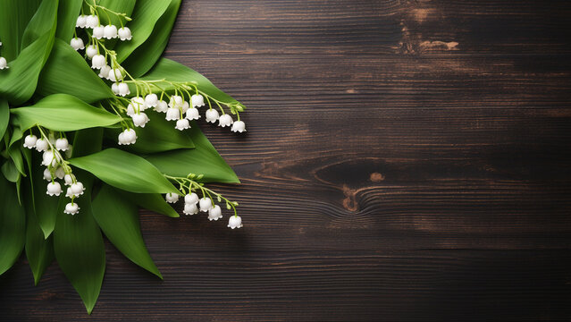  Lily of the Valley Flower on Wooden Background with Copy Space