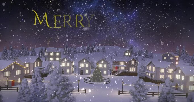Animation of snow falling over merry christmas text banner and aerial view of winter landscape