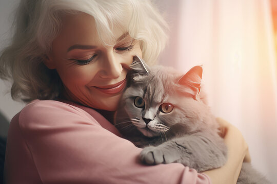 Happy Mature Gray-haired Woman With Cat At Home