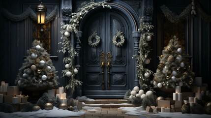 Fototapeta na wymiar Christmas New Year holiday beautiful winter decorations of the entrance doors to the house, background
